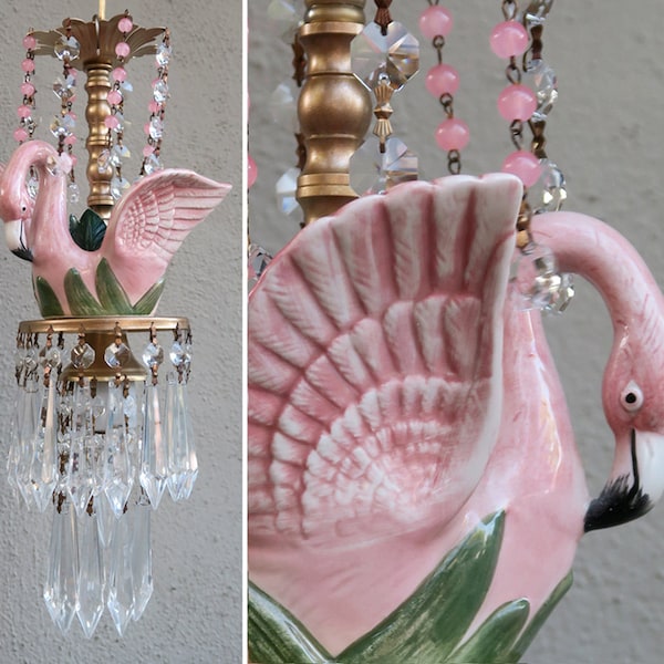 Tropical Pink Flamingo porcelain Bird Swag plugin Lamp Chandelier Glass Crystal prisms Opaline Bead