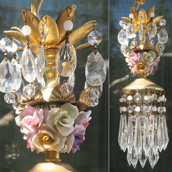 Porcelain Rose Brass tole chandelier with ceiling canopy vintage lamp crystal beaded purple colorful