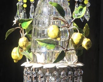 Vintage Toleware Shabby Lemon Chandelier Swag Lamp Tole Crystal prisms Opaline glass Beads