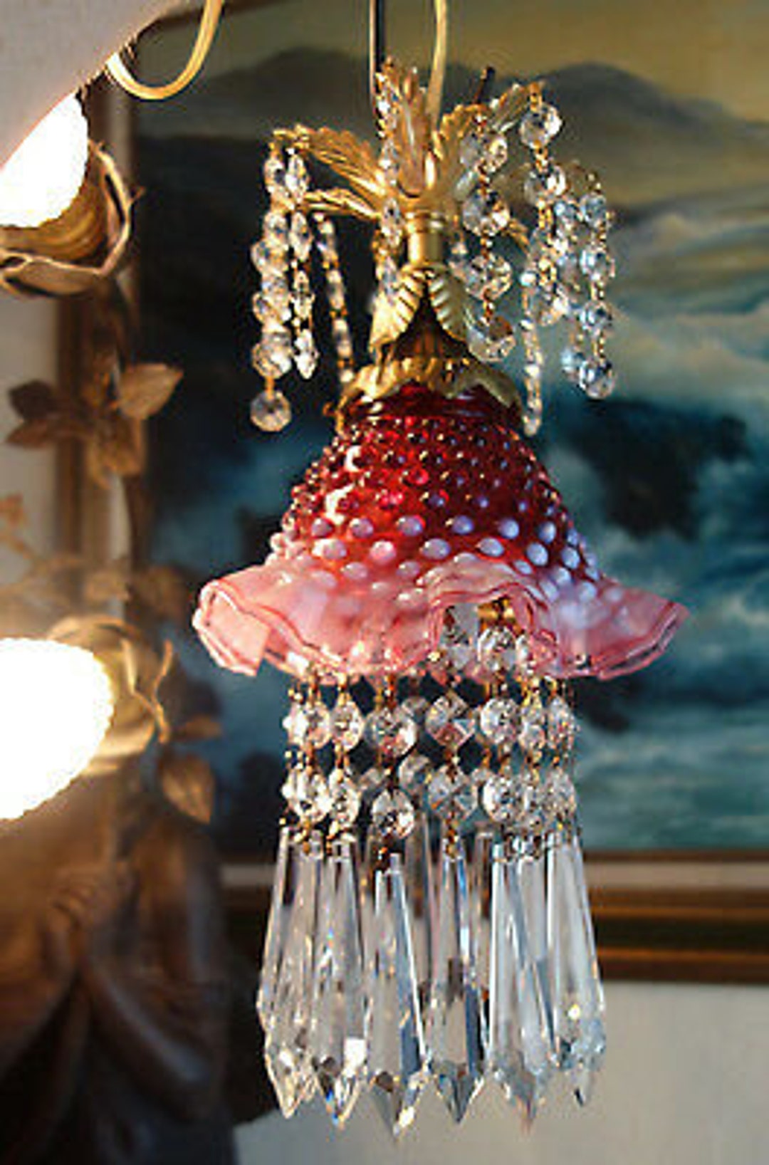 Vintage Fenton Cranberry Jelly Fish Ins Glass Hanging Brass Lamp
