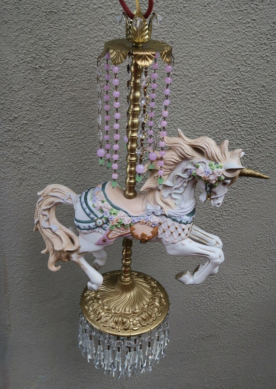 Lg Porcelain Unicorn Magical Carousel Horse Swag Lamp Brass