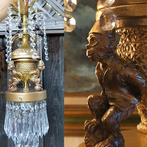 Lámpara de araña MONKEY, tole de latón, prisma de cristal, cuentas moradas, techo con dosel y cadena