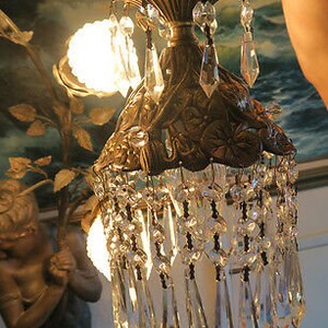 Swag Lamp Hanging Spelter Pond Lily Crystal Chandelier Vintage ...