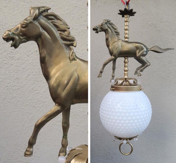 Horse Barn Chandelier Swag Lamp Glass Brass Vinta… - image 1