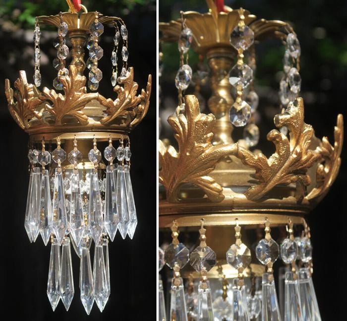 Vintage Lamp Waterfall Swag Brass Acanthus Spelter Chandelier Crystal Prism Orna