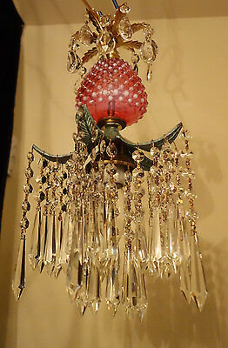 Srawberry Crystal Brass Swag Lamp Chandelier Vintage Fenton Etsy