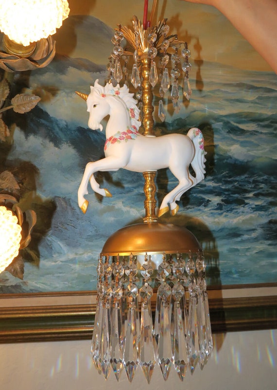 Porcelain Carousel Unicorn Crystal Swag Baby Room Lamp Chandelier