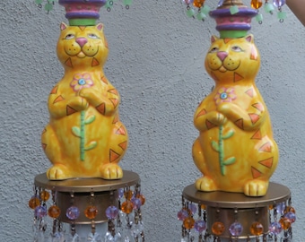 Pair orange Cat Porcelain Sconces Brass Vintage Lamp Crystal Prisms beads garlands handpainted colorful