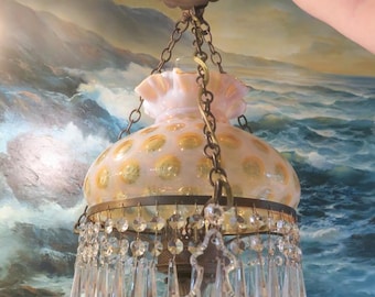 Vintage Ceiling Lamp Chandelier large Fenton Honeysuckle Glass shade Crystal prisms hanging fixture with canopy