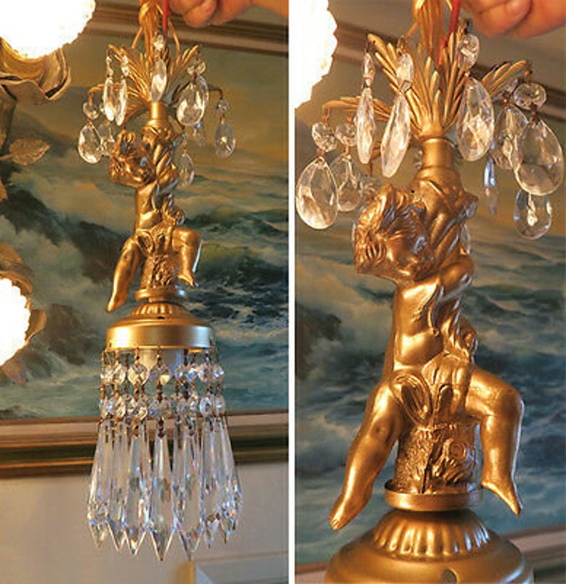 Swag Cherub Plugin Lamp Hanging Chandelier Crystal Prisms Tole shops Accent Light