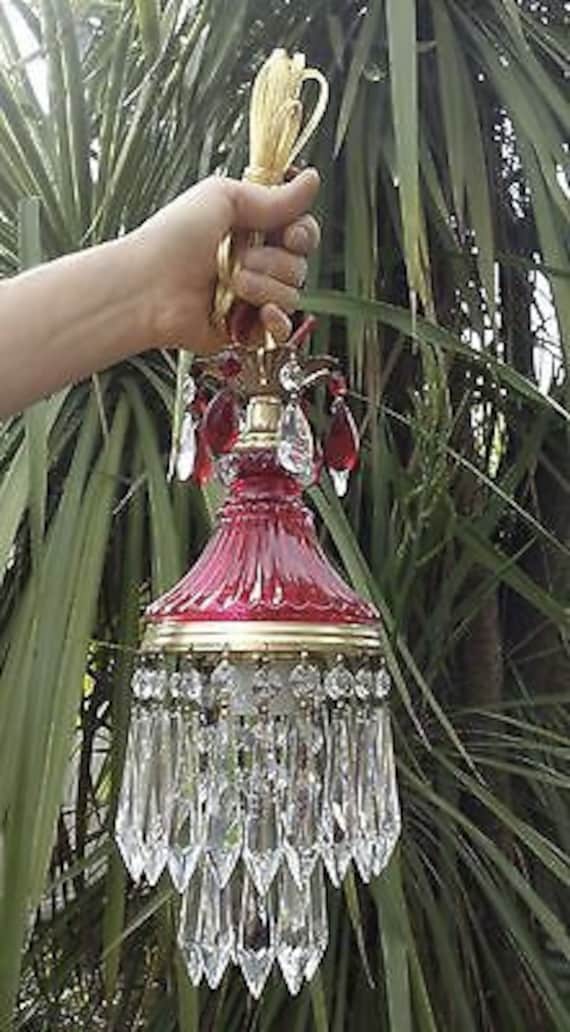 Vintage Ruby Red Lady Cupcake Glass Crystal Prisms Brass Swag