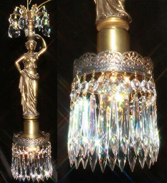 Lamp Crystal Chandelier Vintage ROCOCO brass plated Spelter light fixture light 