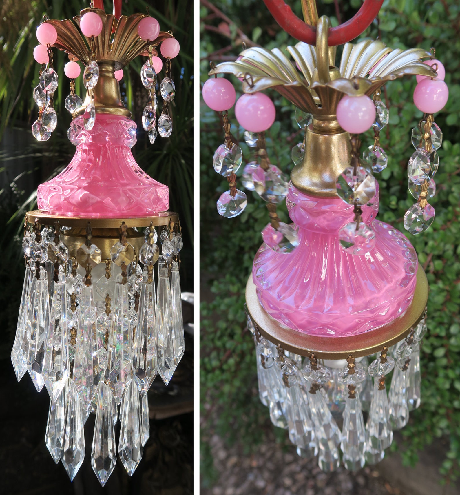 Vintage Rose Pink Lady Cupcake Glass Crystal Brass Ceiling Mount With ...