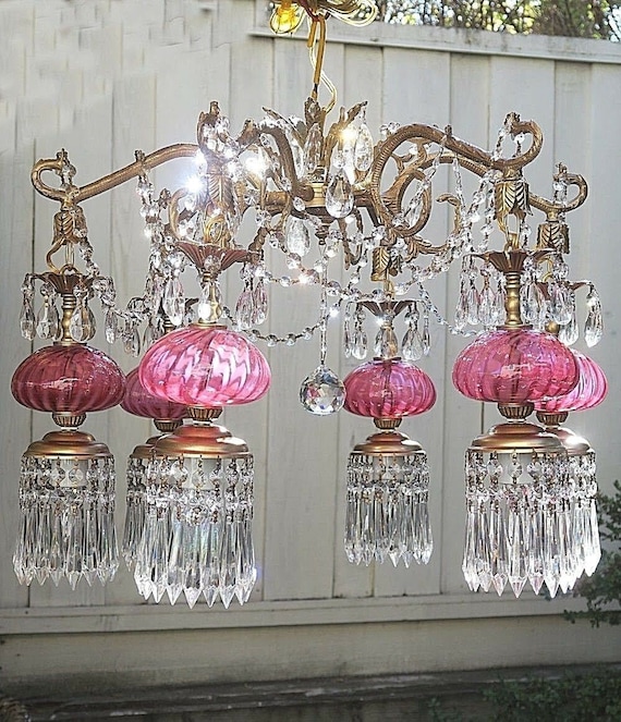 RESERVED Fenton Chandelier Lamp 6 Lite Vintage SWIRL Cranberry