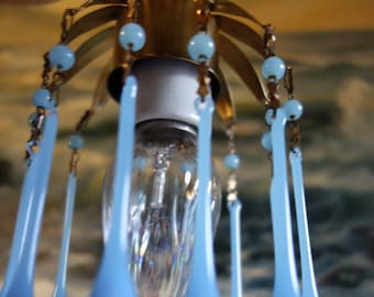 Opaline Vintage Blue Macaroni Beads Tole Brass Hanging Swag Lamp Chandelier