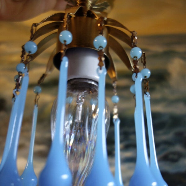 Opaline Vintage Blue Macaroni Beads Tole Brass Hanging Swag Lamp Chandelier