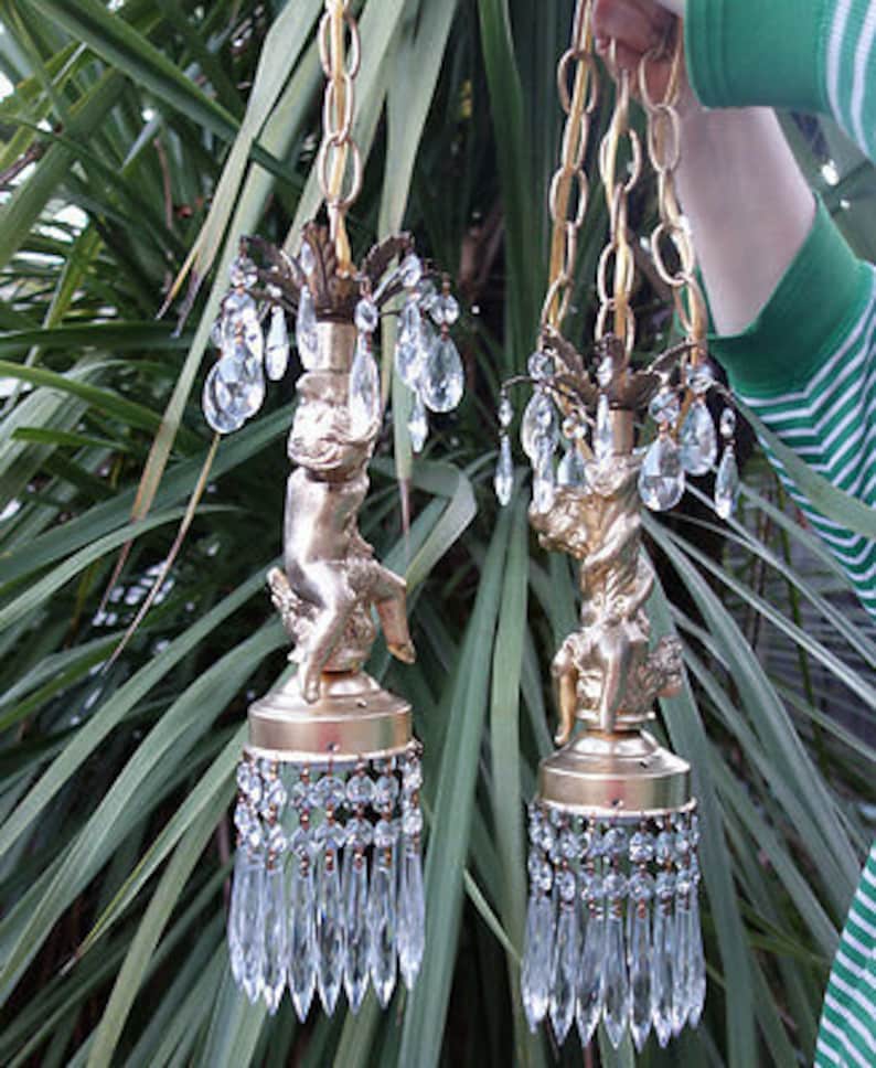 Retro Cherub Ceiling Double Swag Lamp Chandelier French Stl Etsy