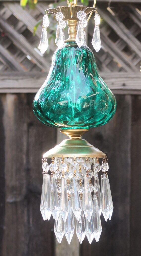 1 Vintage Fenton Teal Green Art Glass Brass Swag Plugin Lamp