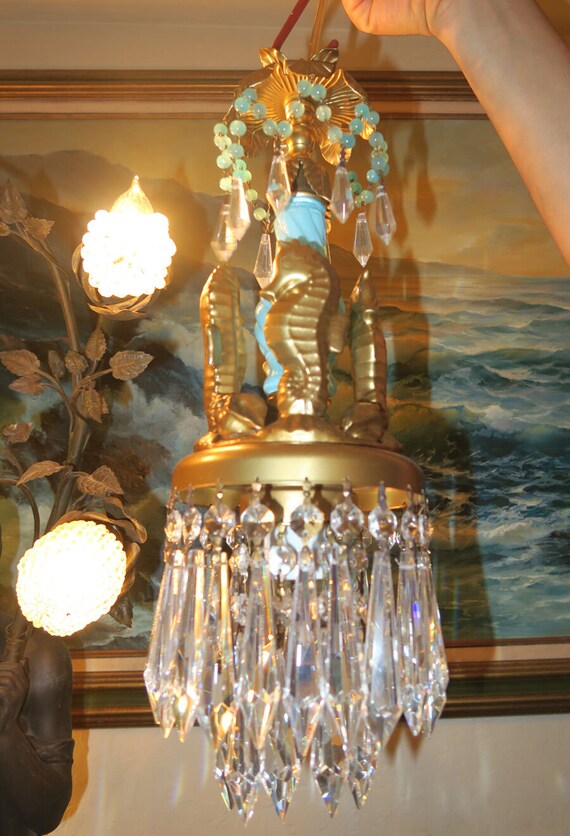 Opaline Beaded Seahorse Swag Lamp Chandelier Aqua Beads Glass