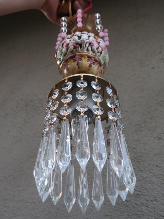 1 Vintage Brass Tole Swag Crystal Lamp Chandelier… - image 7