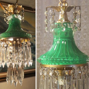 Vintage Emerald Light apple Green Lady cupcake glass Brass ceiling fixture with canopy set lamp chandelier crystal prisms