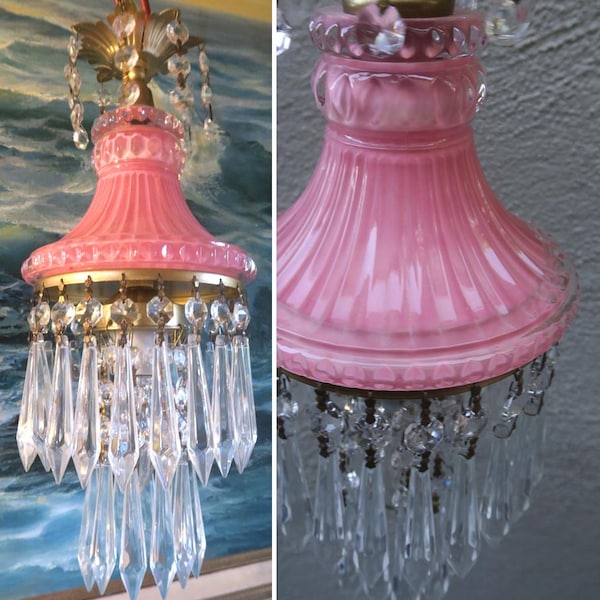 Swag Plugin lamp chandelier Vintage Pink Flamingo Peach Lady cupcake glass crystal prisms tiers Brass lamp chandelier fixture