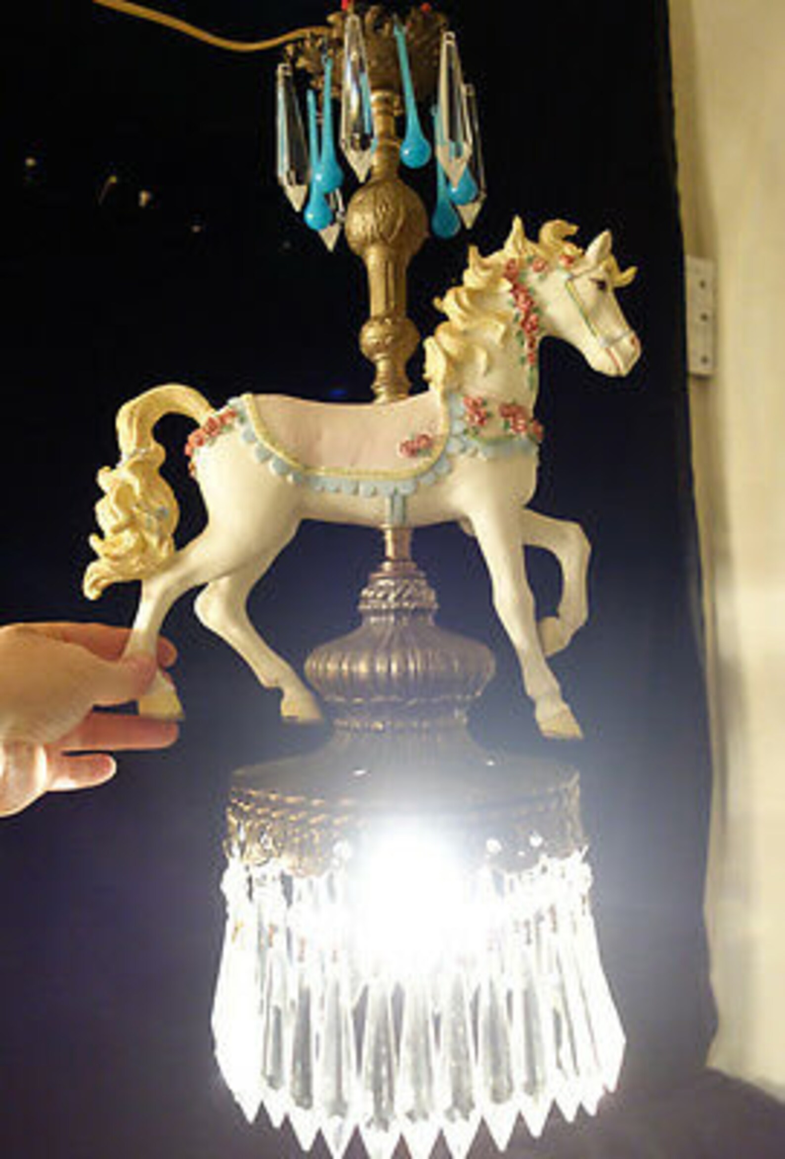 Lg White Horse Carousel Hanging Lamp Chandelier Brass Gilt Etsy