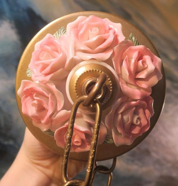 Brass Canopy Part Vintage Pink Rose Capodimonte Porcelain Lamp Chandelier Flower
