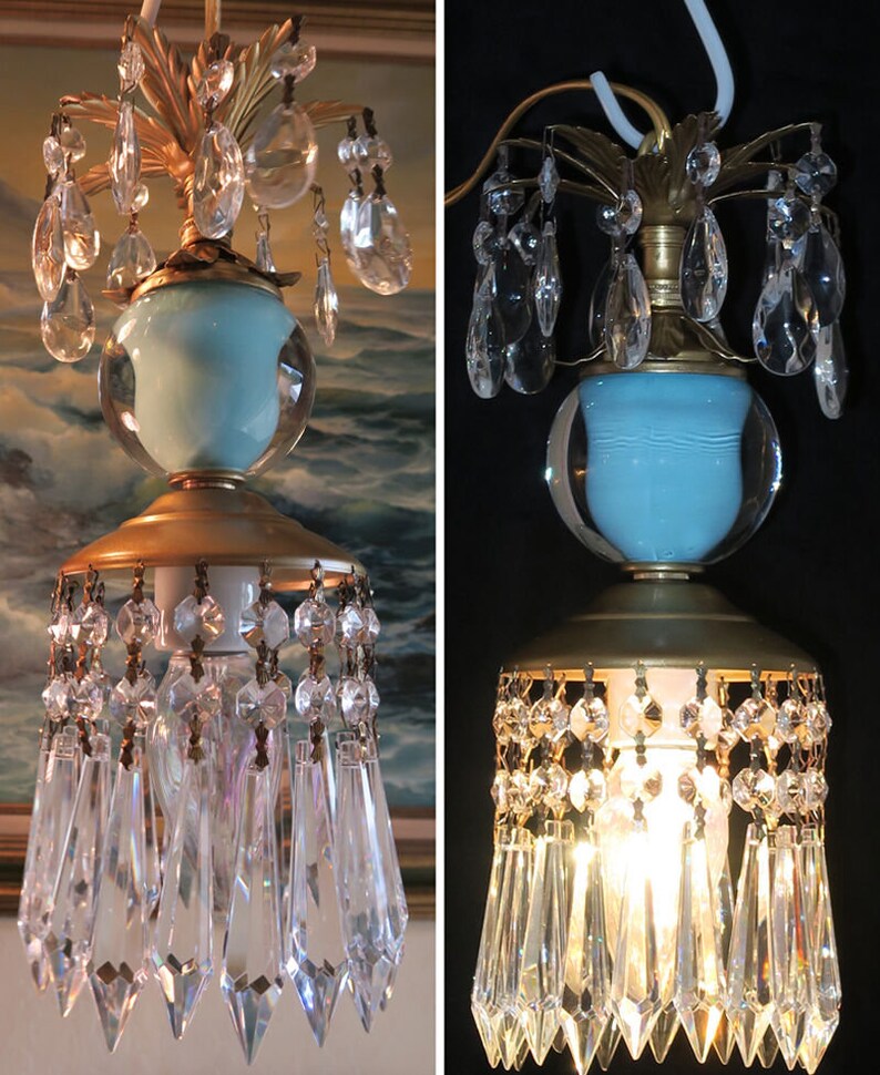 Ceiling Chandelier Crystal Prism Vintage Blue Turquoise Tole Etsy