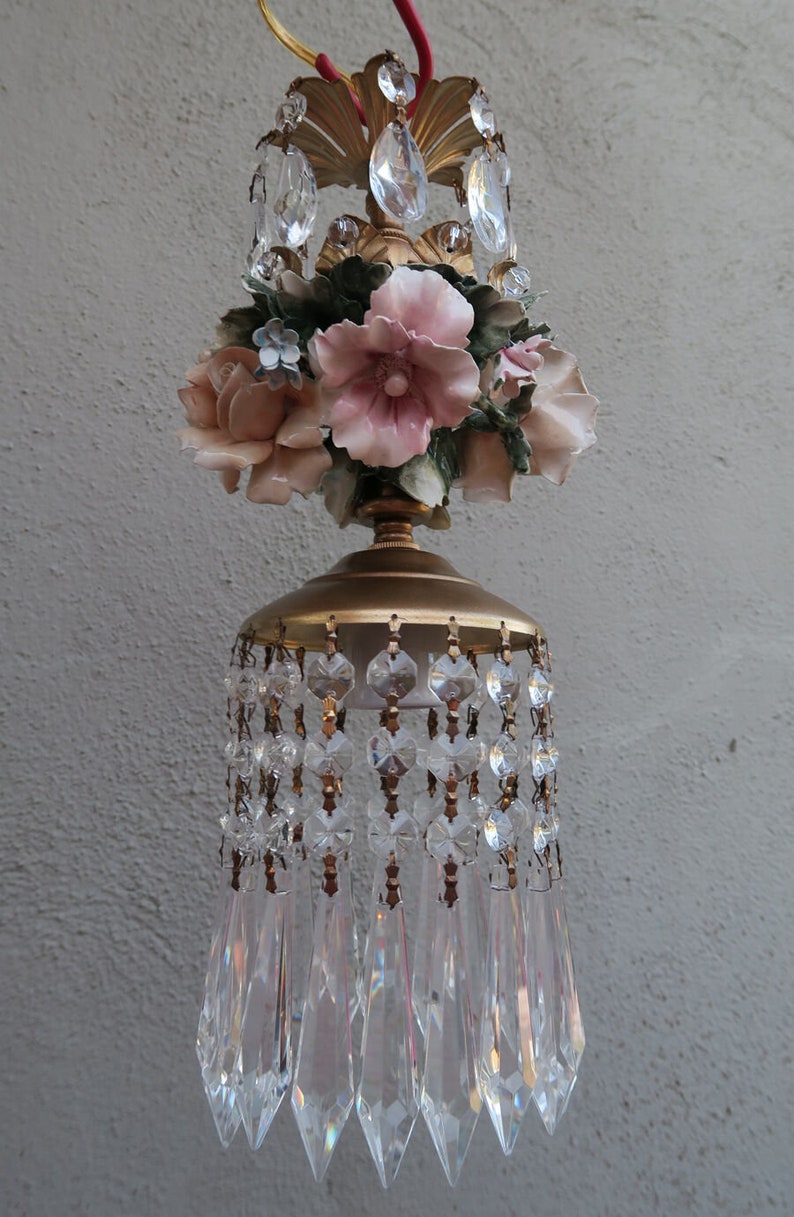 Chandelier Swag Vintage Lamp Porcelain Capodimonte Beaded Rose Etsy