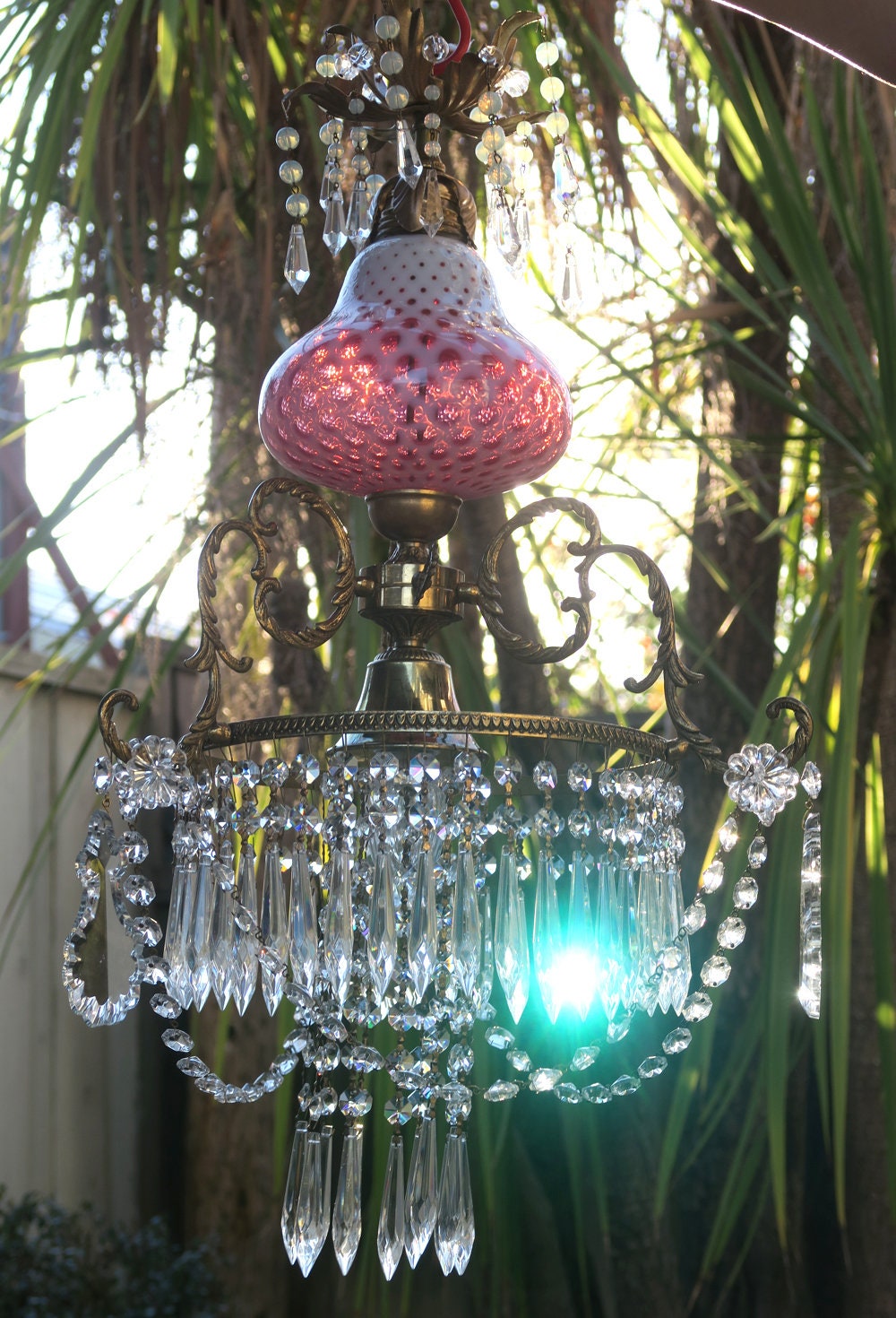 Vintage Coin Dot Fenton Cranberry Glass Bronze Brass Lamp Crystal