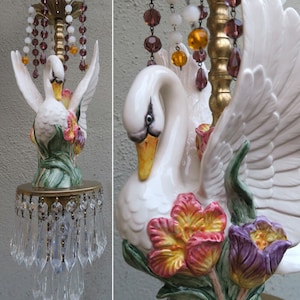 1 Swan Bird Swag plugin Light Lamp Chandelier Glass Brass Porcelain Opaline Wedding