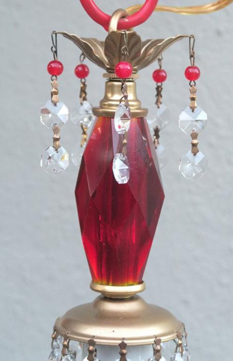 Ruby Red Glass Swag Plugin Light Lamp Chandelier Crystal Prisms Beads 9 ...
