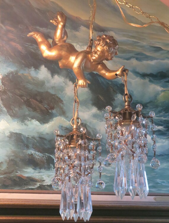 Lamp SWAG plugin chandelier Vintage gilt Tole Brass Italian Lily Florentine lite 