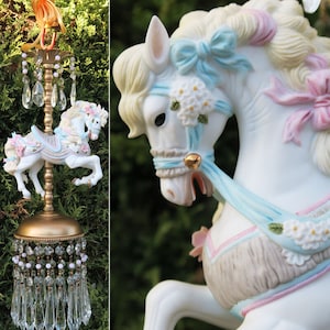 Porcelain Pony Horse Carousel Lamp Swag Chandelier Vintage Crystal Pink Rose