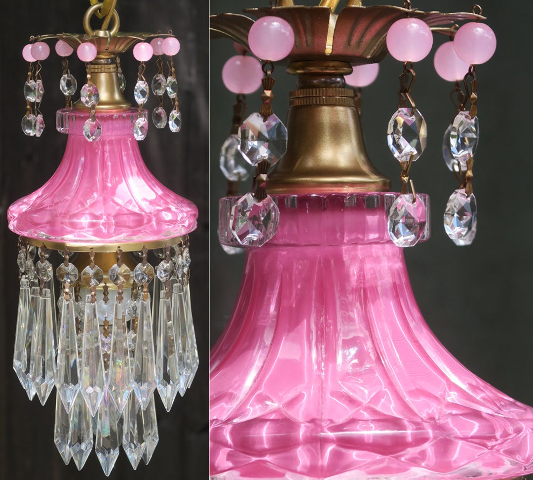 Vintage Rose Pink Lady Cupcake Glass Crystal Brass SWAG Lamp Chandelier ...