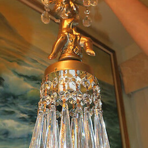 Swag Cherub Plugin Lamp Hanging Chandelier Crystal Prisms Tole shops Accent Light