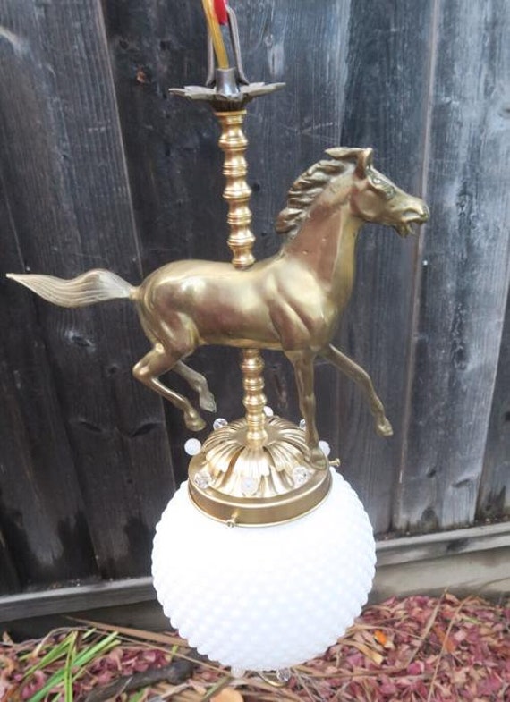 Horse Barn Chandelier Swag Lamp Glass Brass Vinta… - image 10