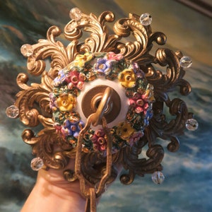 Canopy part Vintage ROSE Capodimonte porcelain chandelier Brass gilt handpainted highlight filigree Spelter beaded