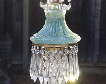 Vintage Powder Moss Green Lady Cupcake Glass Brass Ceiling mount Lamp Chandelier Crystal prisms