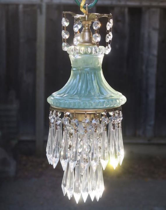 Vintage Powder Green Lady Cupcake Glass Brass Ceiling install light Lamp Chandelier Crystal prisms vanity room lighting