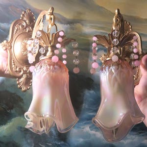 Pair Wall Lamp Brass Bronze Pink Lily Fairy Fenton Vintage Sconce Plugin 8' cords