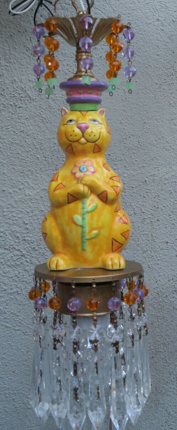 Pendant Brass Vintage Lamp Cat Porcelain Deco Stl 