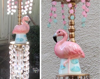 Vintage Pink Flamingo porcelain Chandelier Lamp small Swag Crystal brass Opaline bead garland strand