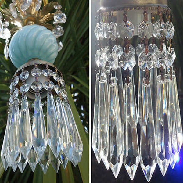 Swag Lamp Plugin Chandelier Crystal Prism Vintage Swirl Aqua Blue Tole Brass Old