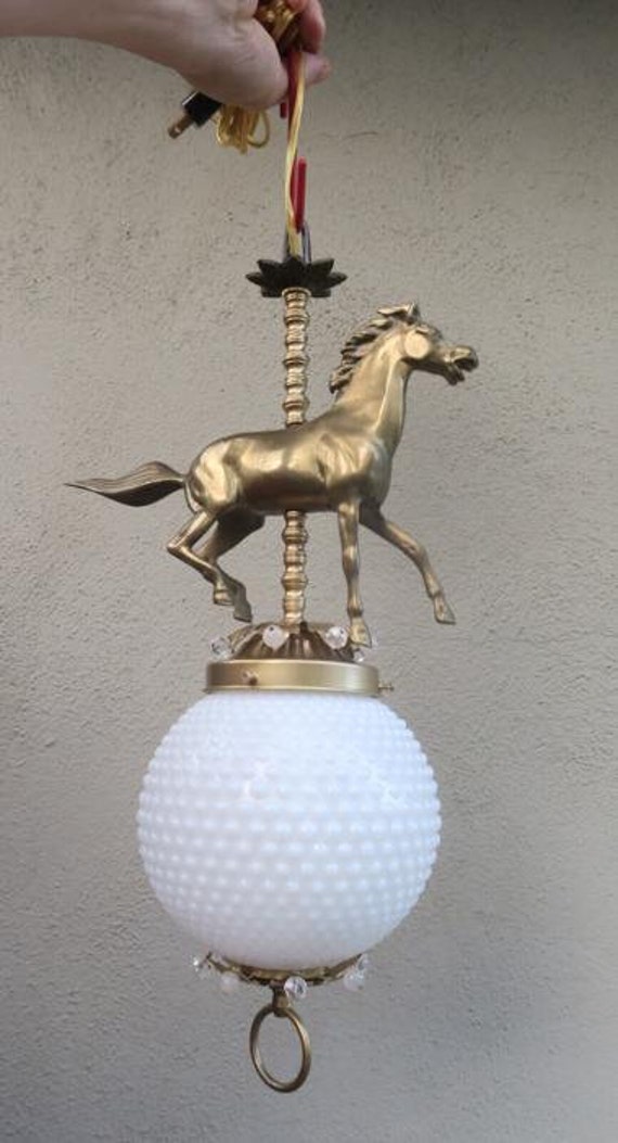 Horse Barn Chandelier Swag Lamp Glass Brass Vinta… - image 9