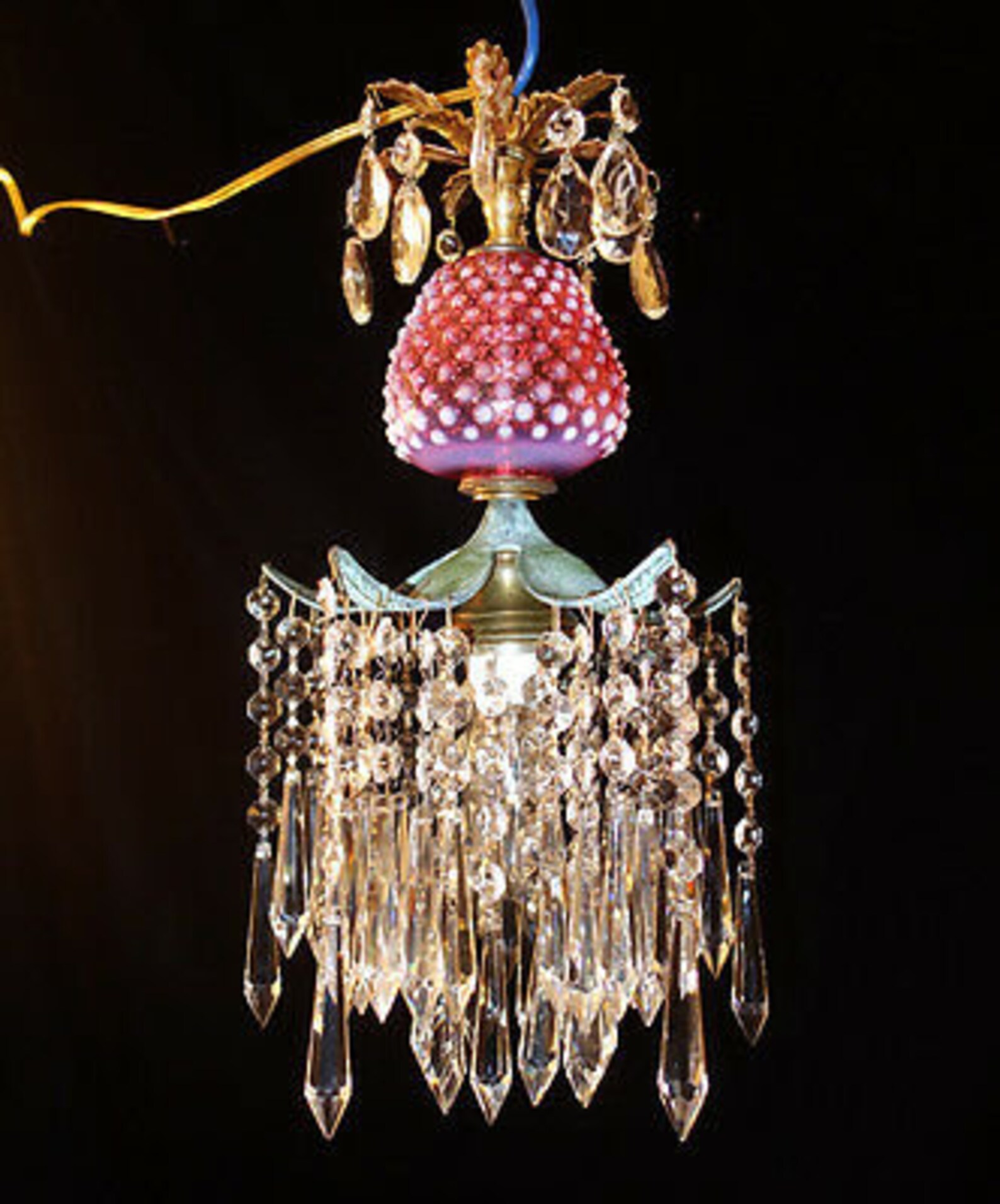 Srawberry Crystal Brass Swag Lamp Chandelier Vintage Fenton Etsy