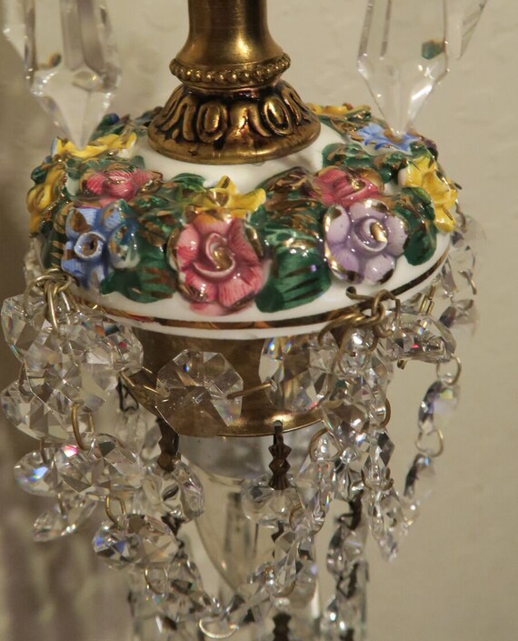 Italian Tole Leaf 4 Light Chandelier Adorned with Porcelain Flowers Italian Tole Leaf 4 Light Chandelier Adorned with Porcelain Flowers