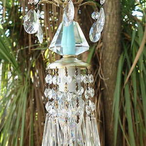 Mini Vintage Icy Blue Brass Hanging Lamp Chandelier Crystal Glass Prisms with canopy set and chain