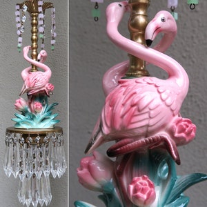 Tropical Pink Flamingo Bird Swag Lamp Chandelier brass porcelain LOTUS pond lily Two-Mingos Dance OPALINE Beads garlands